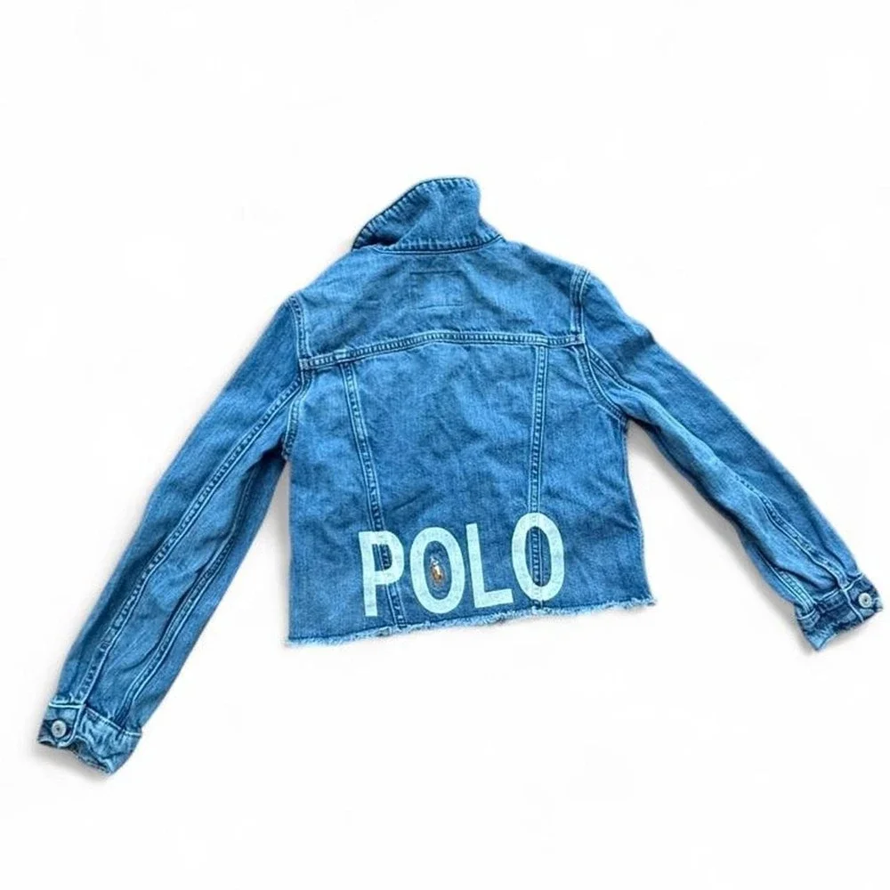 Polo Ralph Lauren Girls Denim Jacket Size 10 Raw Hem Logo Back Jean Jacket